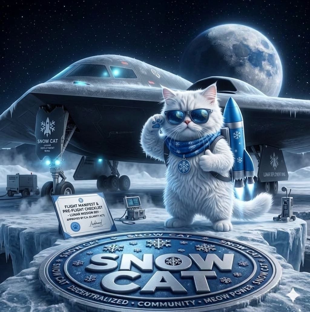 SNOWCAT in sunglasses beside a stealth aircraft on an icy lunar pad, holding a blue rocket.